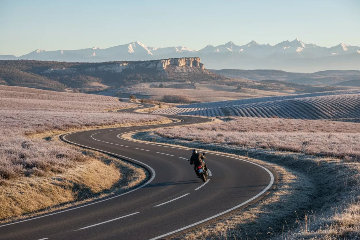 Moto hiver Côte d'Azur - Promenade des Anglais Nice avec Méditerranée et Baie des Anges en hiver