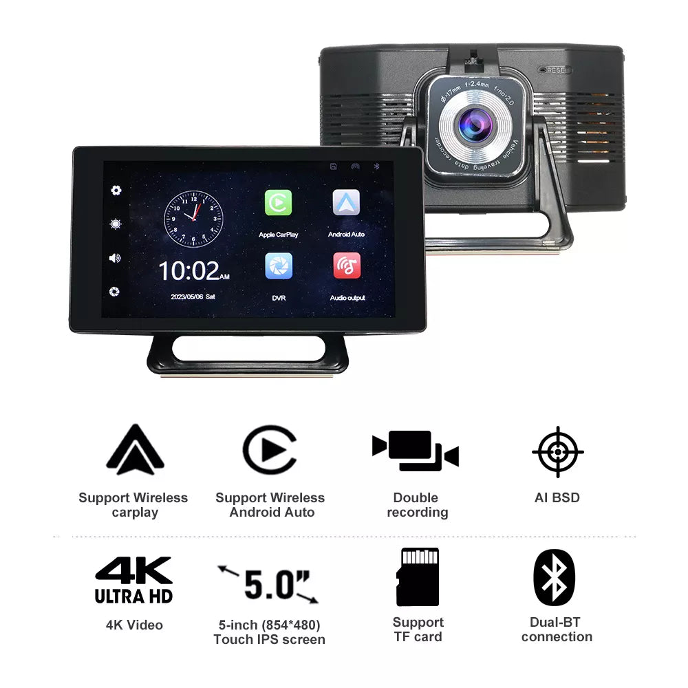 aoocci d501 caméra embarquée avant et arrière sans fil CarPlay avec fonctionnalités