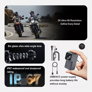 Dashcam Moto R1 2K - Résolution Ultra HD, objectif grand angle, étanche IP67 et batterie longue durée