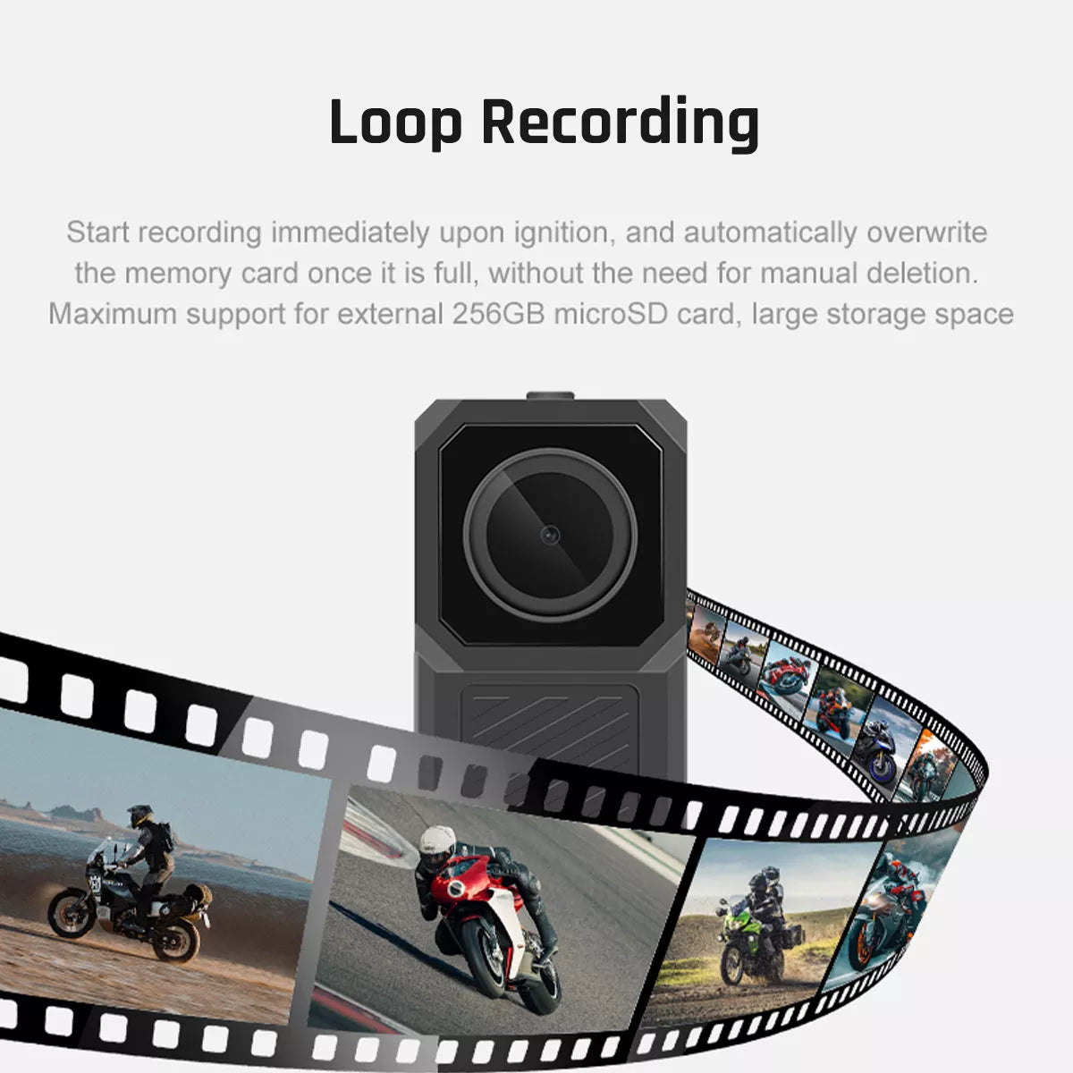 Dashcam Moto R1 - Enregistrement en boucle automatique avec support carte microSD 256GB