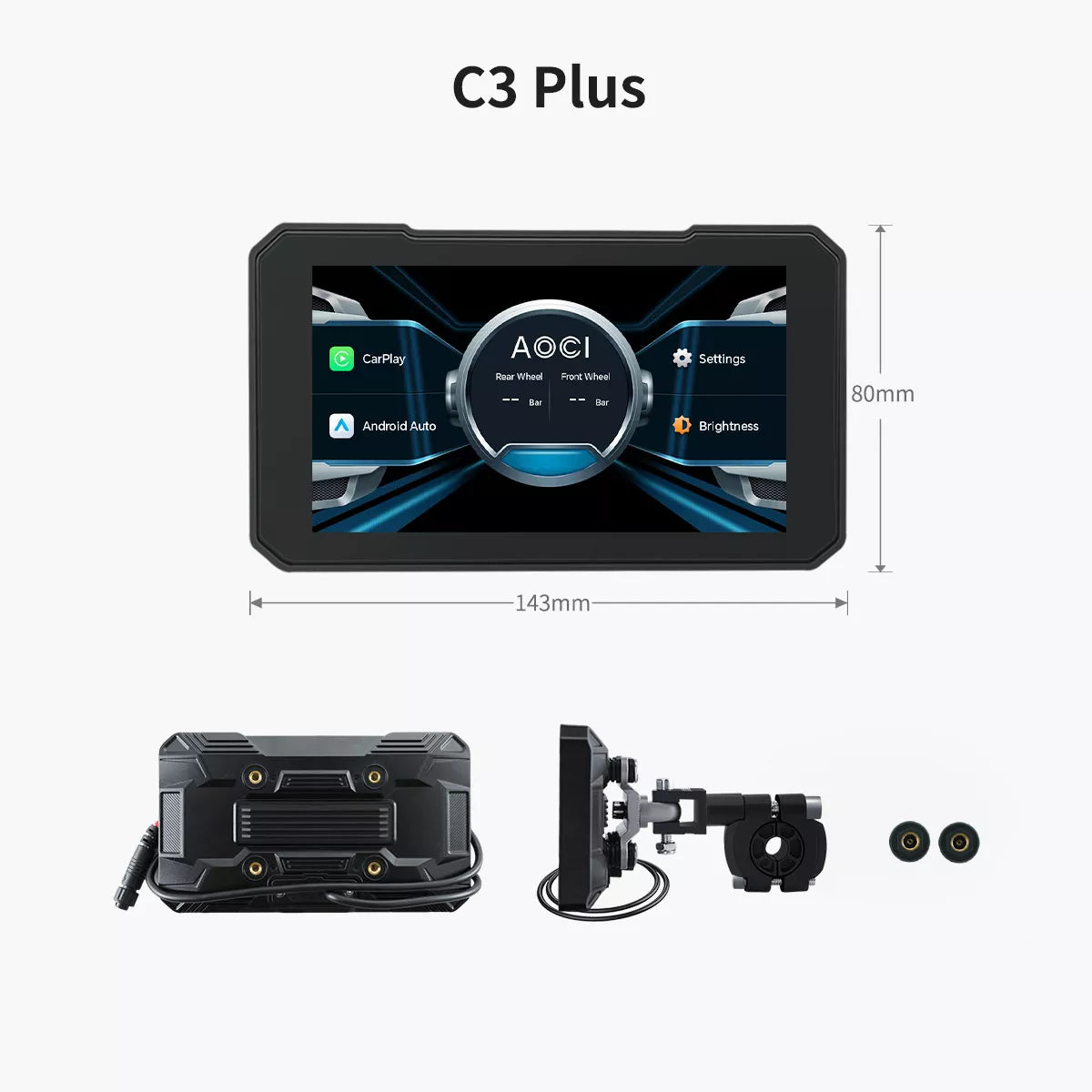 Écran CarPlay moto Aoocci C3 Plus 143x80mm avec support fixation et accessoires complets
