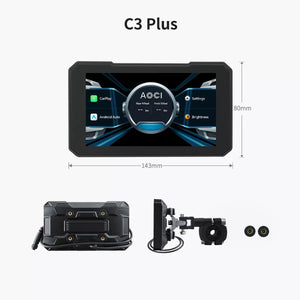 Écran CarPlay moto Aoocci C3 Plus 143x80mm avec support fixation et accessoires complets
