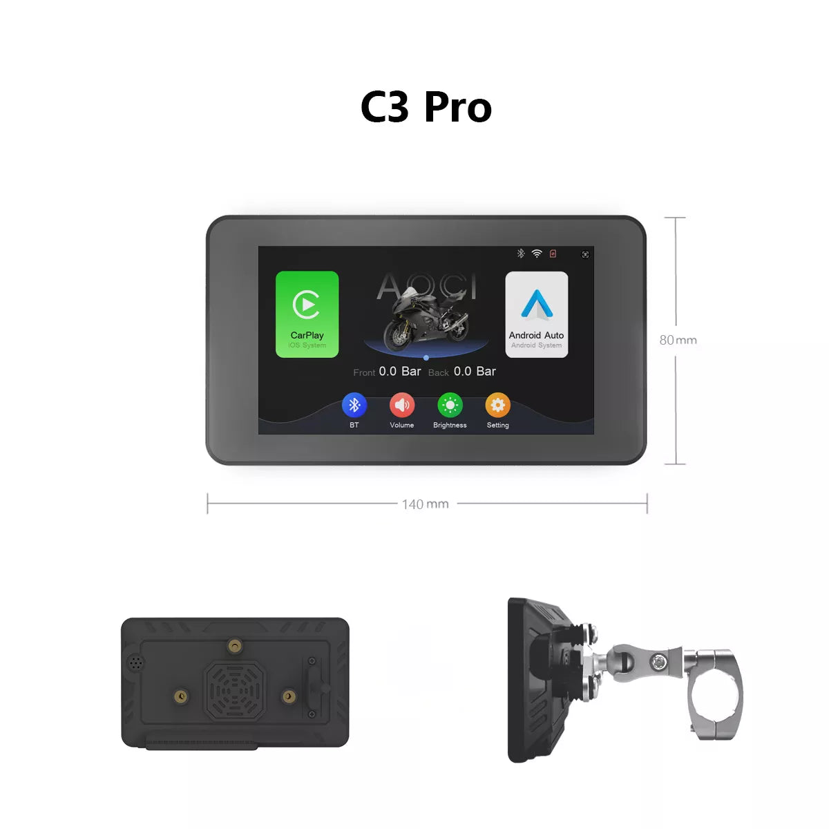 Dimensions écran CarPlay moto C3 Pro 110x80mm avec TPMS et support de montage guidon
