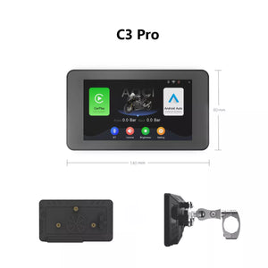 Dimensions écran CarPlay moto C3 Pro 110x80mm avec TPMS et support de montage guidon
