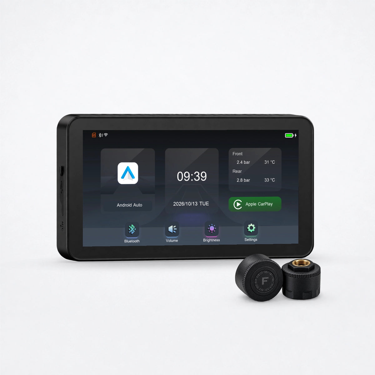 Écran CarPlay pour moto noir, avec deux capteurs de pression des pneus