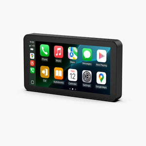 Écran CarPlay pour moto noir, affichant les applications de navigation et de musique