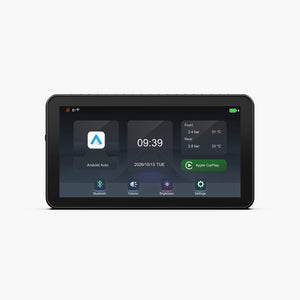 Écran CarPlay pour moto, vue de face avec interface de navigation et capteurs TPMS
