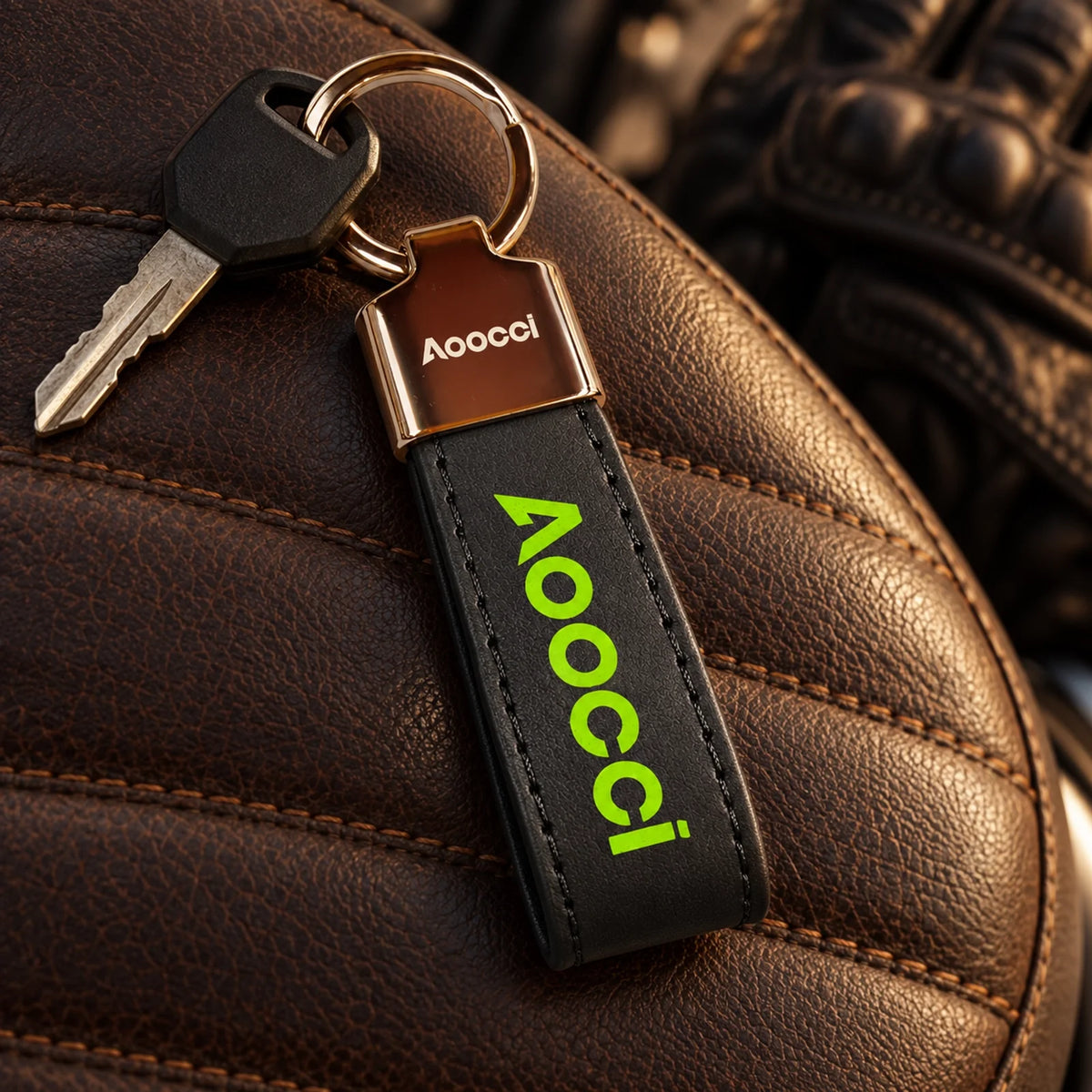 Porte-clés AOOCCI à lanière noire, logo vert et anneau doré avec une clé