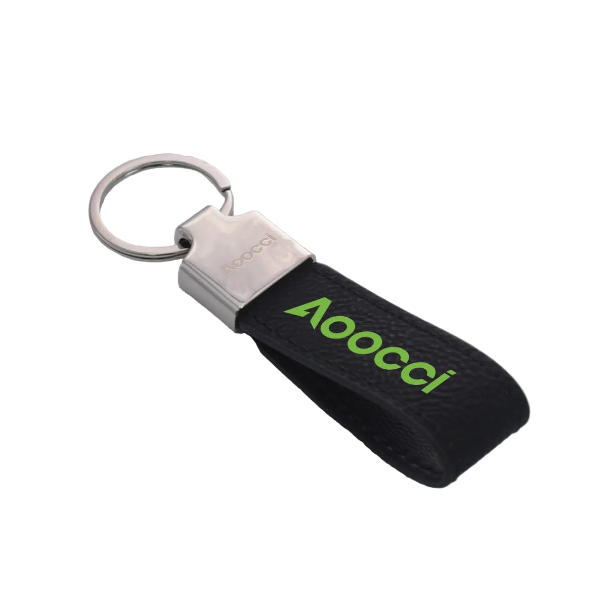 Porte-clés AOOCCI à lanière noire en boucle, logo vert et anneau argenté