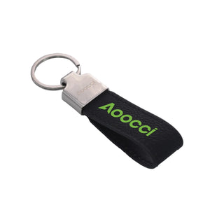 Porte-clés AOOCCI à lanière noire en boucle, logo vert et anneau argenté