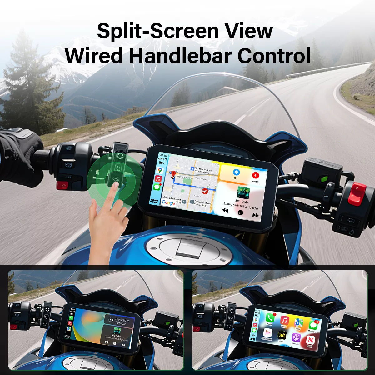 BX Moto CarPlay écran partagé avec commandes au guidon - navigation et apps simultanées
