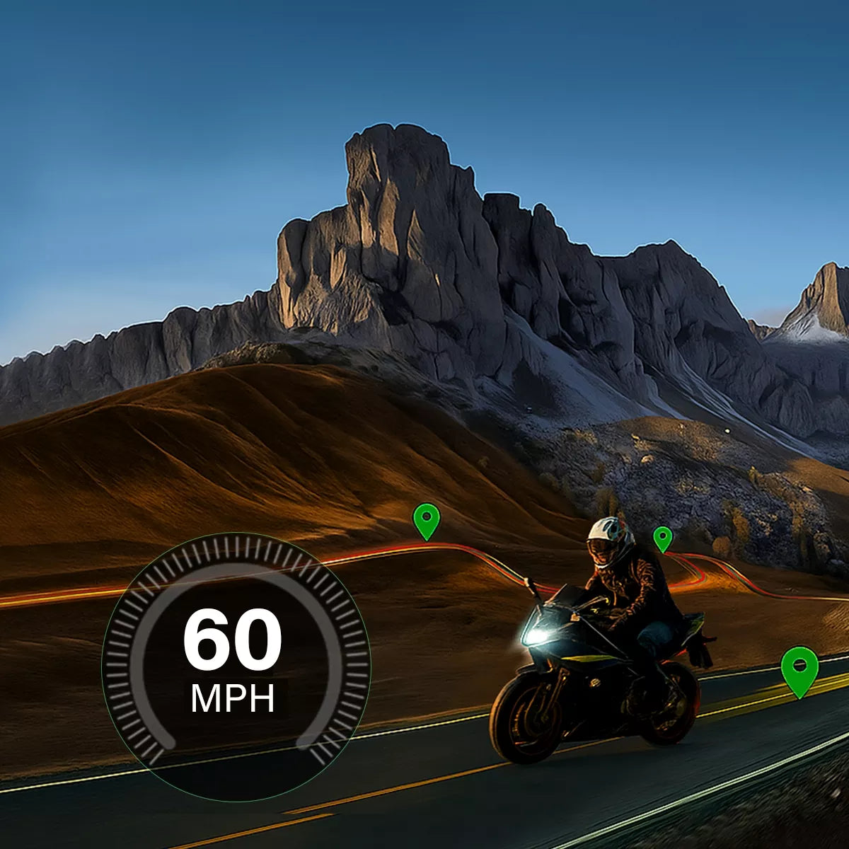BX Moto CarPlay affichage vitesse en temps réel et navigation GPS sur route de montagne
