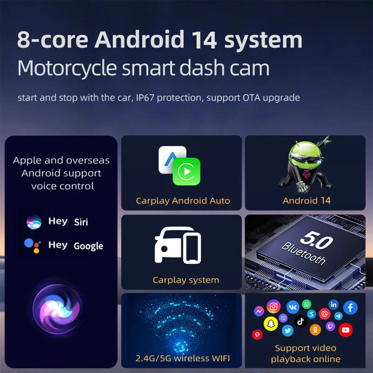 U6 moto Android 14 8-core CarPlay dashcam Siri Google WiFi Bluetooth